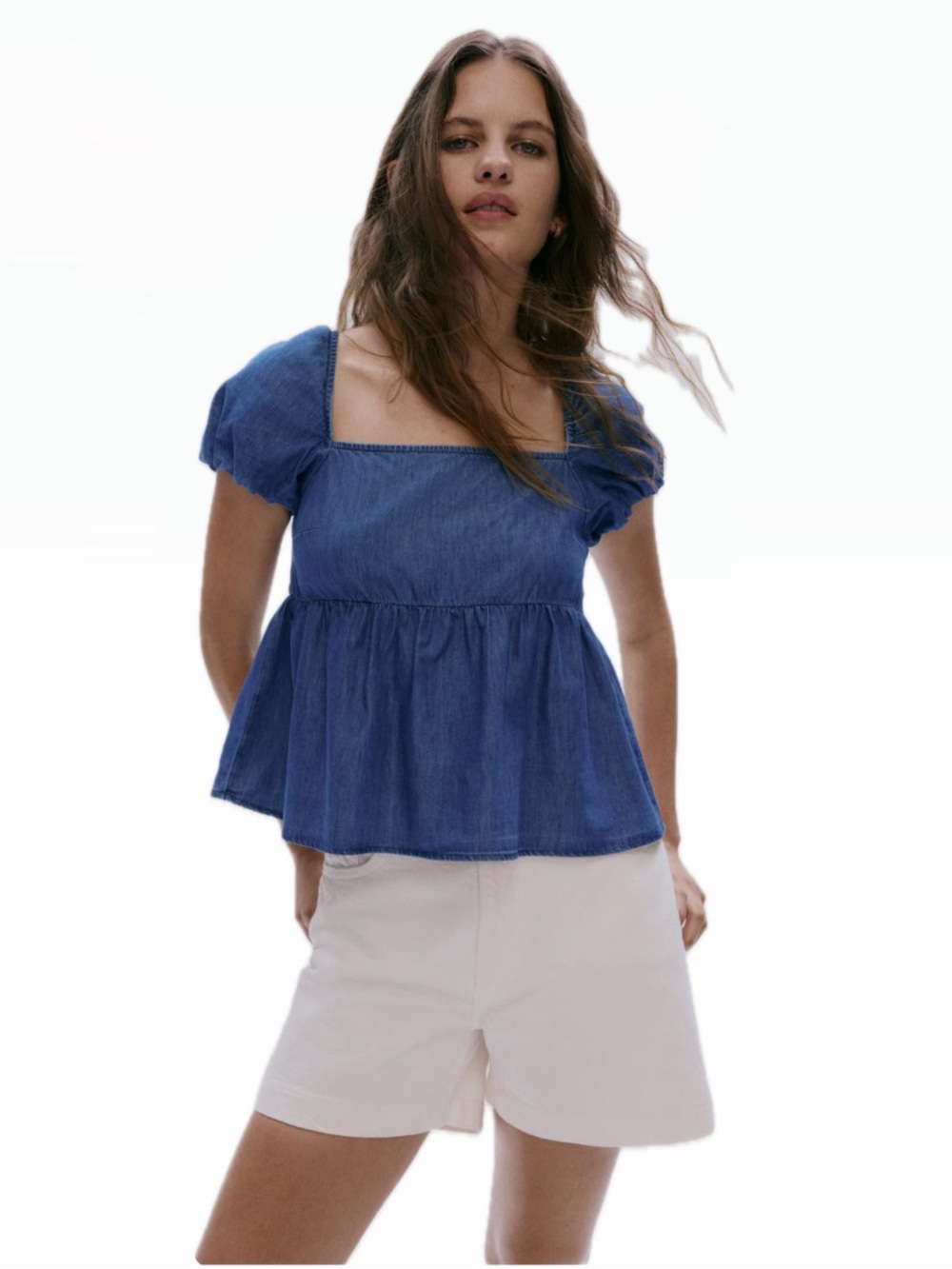 SIM & SAM WOMEN S BLUE DENIM PUFF SLEEVE PEPLUM SMOCKED SQUARE NECK BLOUSE NWT
